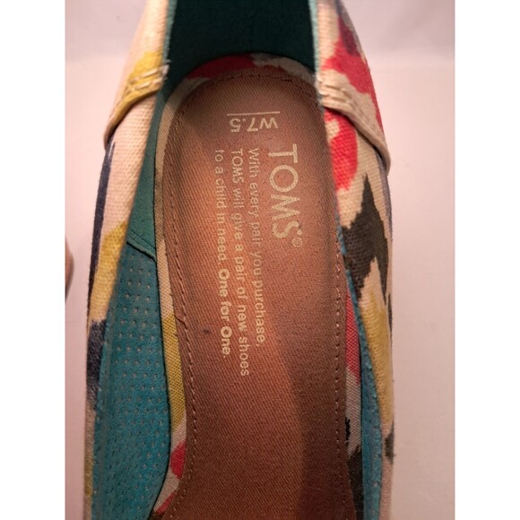 Toms Shoes Twill Wedge Cork 3" Heel Peep Toe Slip On Sandals Multicolor Size 7.5 - Picture 2 of 9